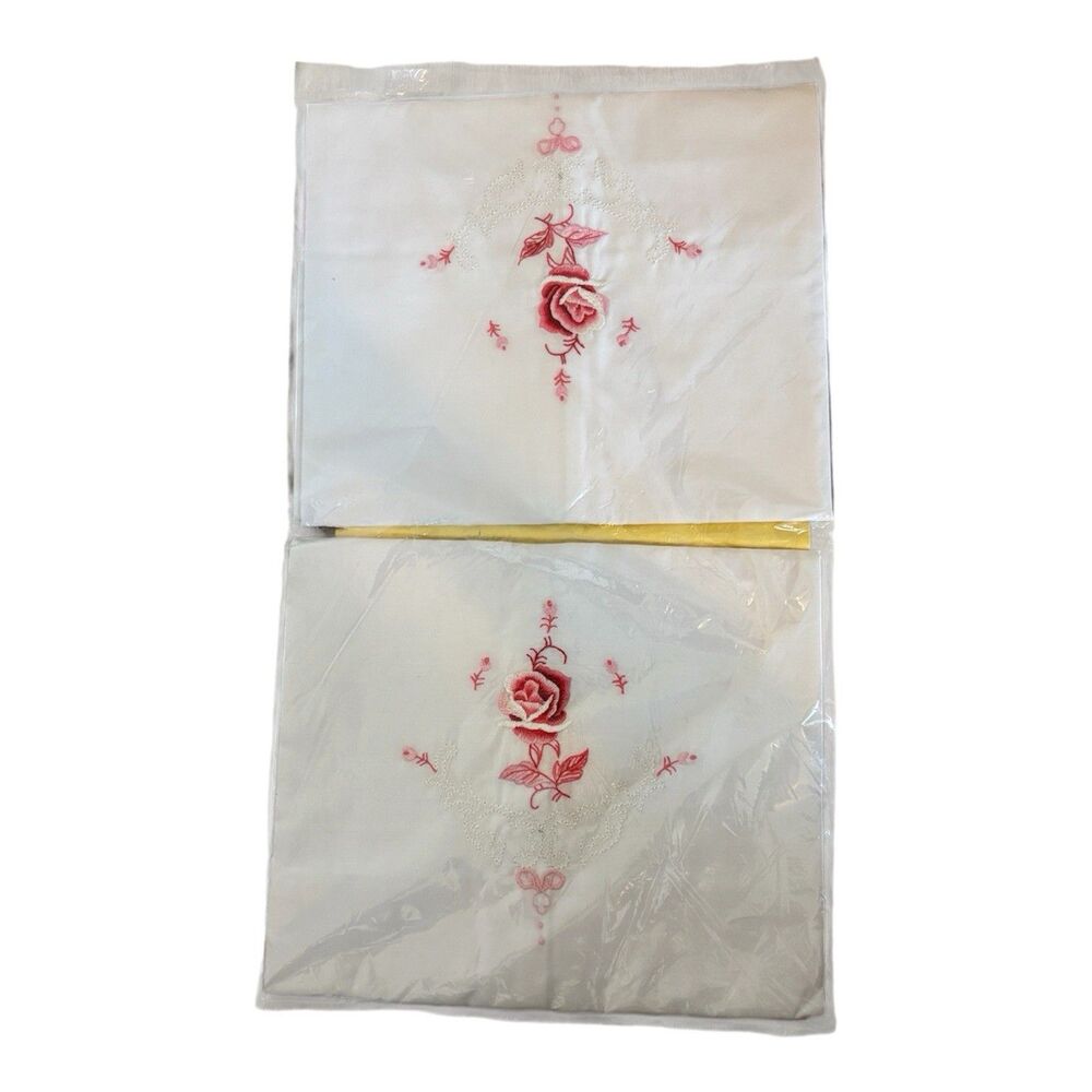 Vintage Embroidered Pillowcases Floral Pink & Pink - PAIR standard 20x32 NOS